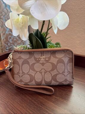 Coach Tan Signature Canvas Wristlet with Gold Hardware